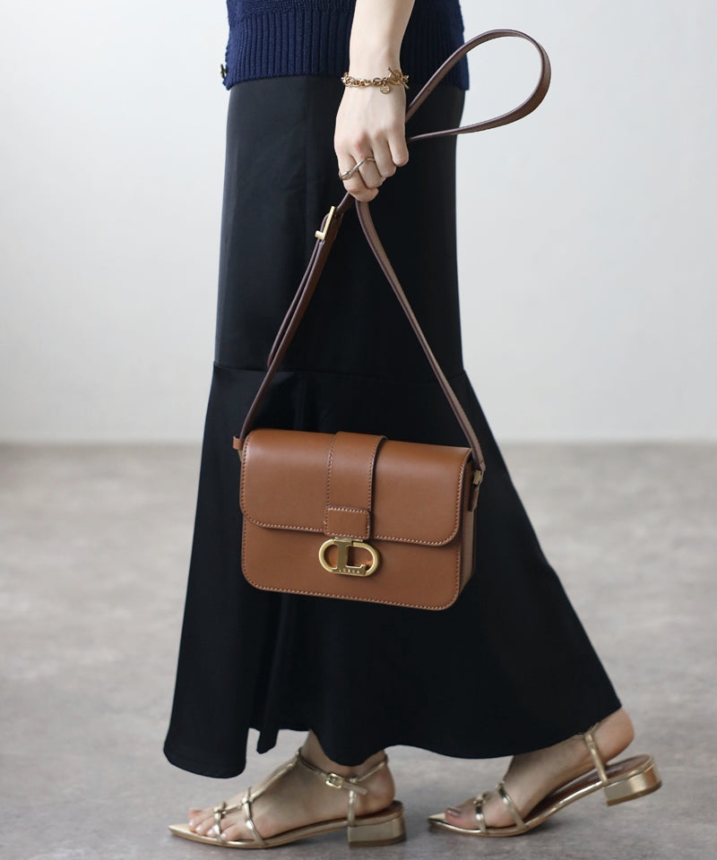 Genuine leather shoulder bag with logo buckle